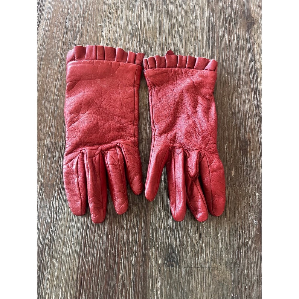 Mixit Womens Red Leather Ruffle Trim Gloves Small Acrylic Lined RN 93677